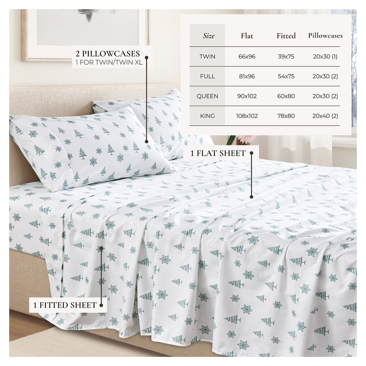 Printed Baylor Sheet Set by Great Bay Home; white teal tree; 2 pillowcases, 1 flat, 1 fitted sheet on Tampa Home & Garden Store