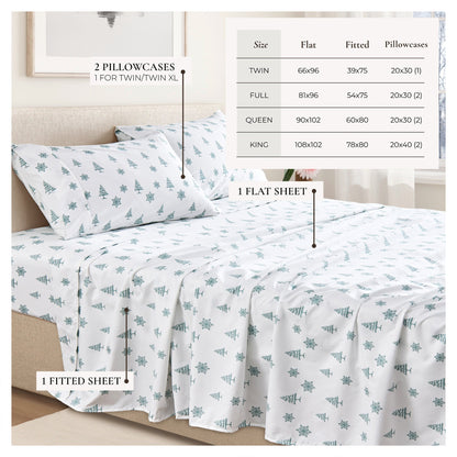 Printed Baylor Sheet Set by Great Bay Home; white teal tree; 2 pillowcases, 1 flat, 1 fitted sheet on Tampa Home & Garden Store