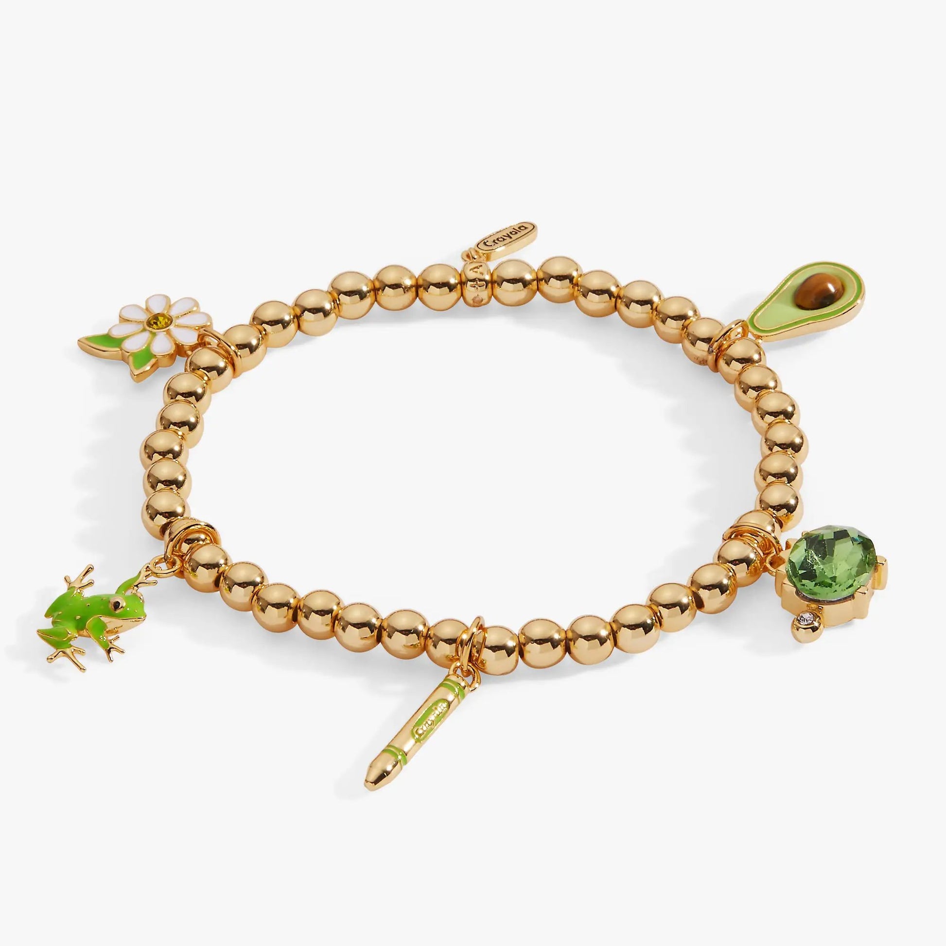 Bracelet with gold-tone beads and forest-green enamel flower and leaf charms by ALEX AND ANI on Tampa Home & Garden Store