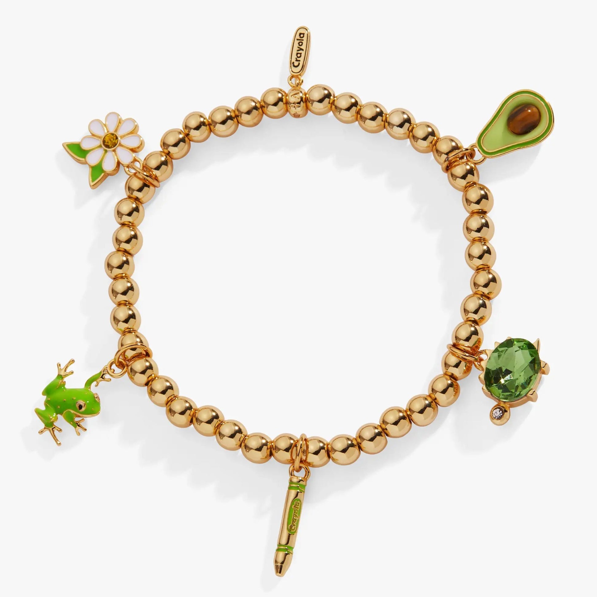 Bracelet Crayola Forest Green Charm Stretch with flower and avocado charms on gold beads on Tampa Home & Garden Store