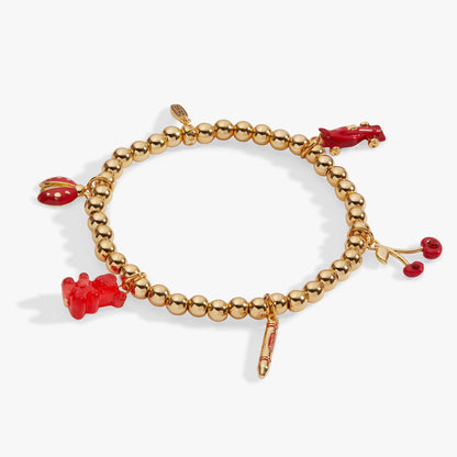 Crayola Scarlet Charm Stretch Bracelet by Alex and Ani, gold-tone beads with red charms on Tampa Home & Garden Store