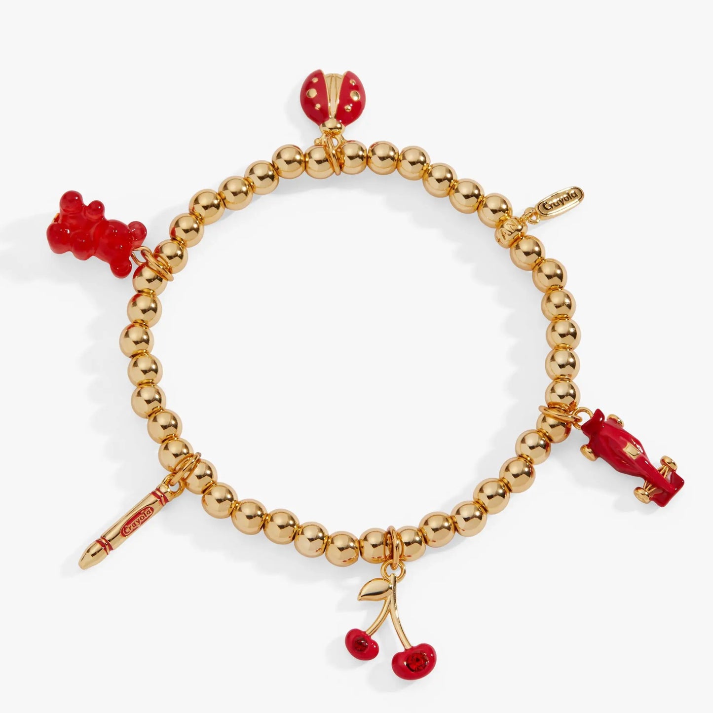 Crayola Scarlet Charm Stretch Bracelet by ALEX AND ANI, gold-tone beads with red cherry charms on Tampa Home & Garden Store