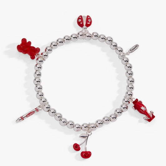 Crayola Scarlet Charm Stretch Bracelet by Alex and Ani with red Crayola charms and silver beads on Tampa Home & Garden Store