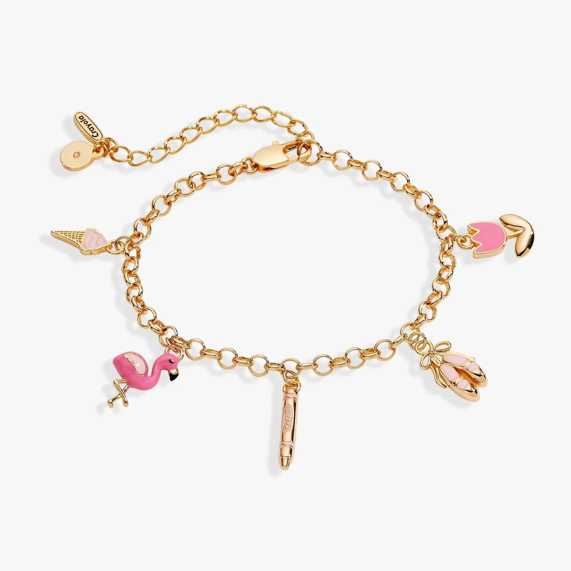 Crayola Tickle Me Pink charm bracelet with gold-tone chain and pink enamel charms ALEX AND ANI on Tampa Home & Garden Store