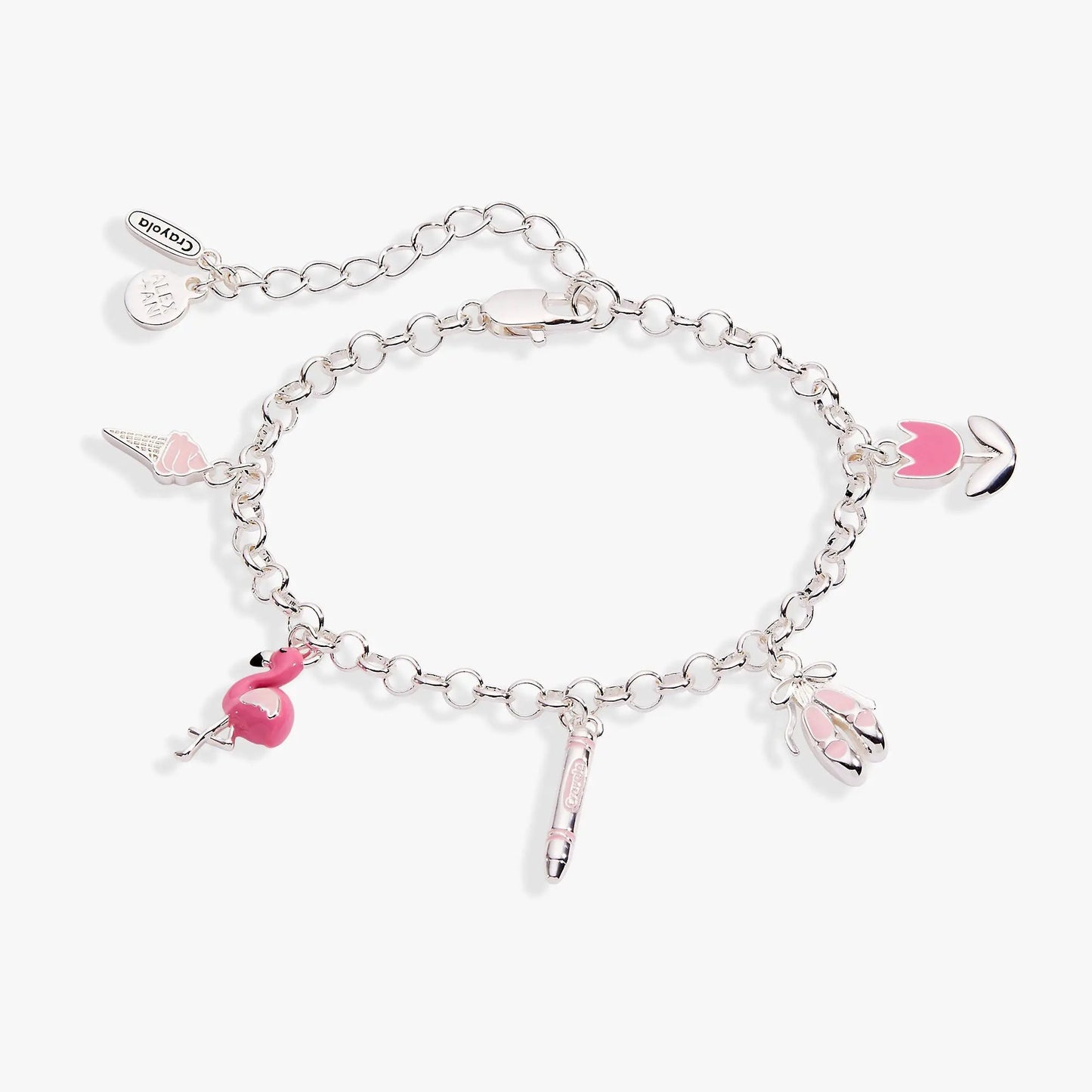 Crayola Tickle Me Pink Charm Bracelet with pink enamel charms on a silver chain Alex Ani on Tampa Home & Garden Store