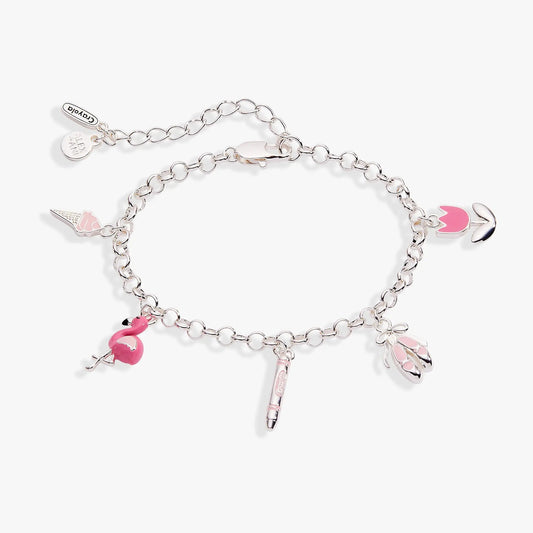 Crayola Tickle Me Pink Charm Bracelet with pink enamel charms on a silver chain Alex Ani on Tampa Home & Garden Store