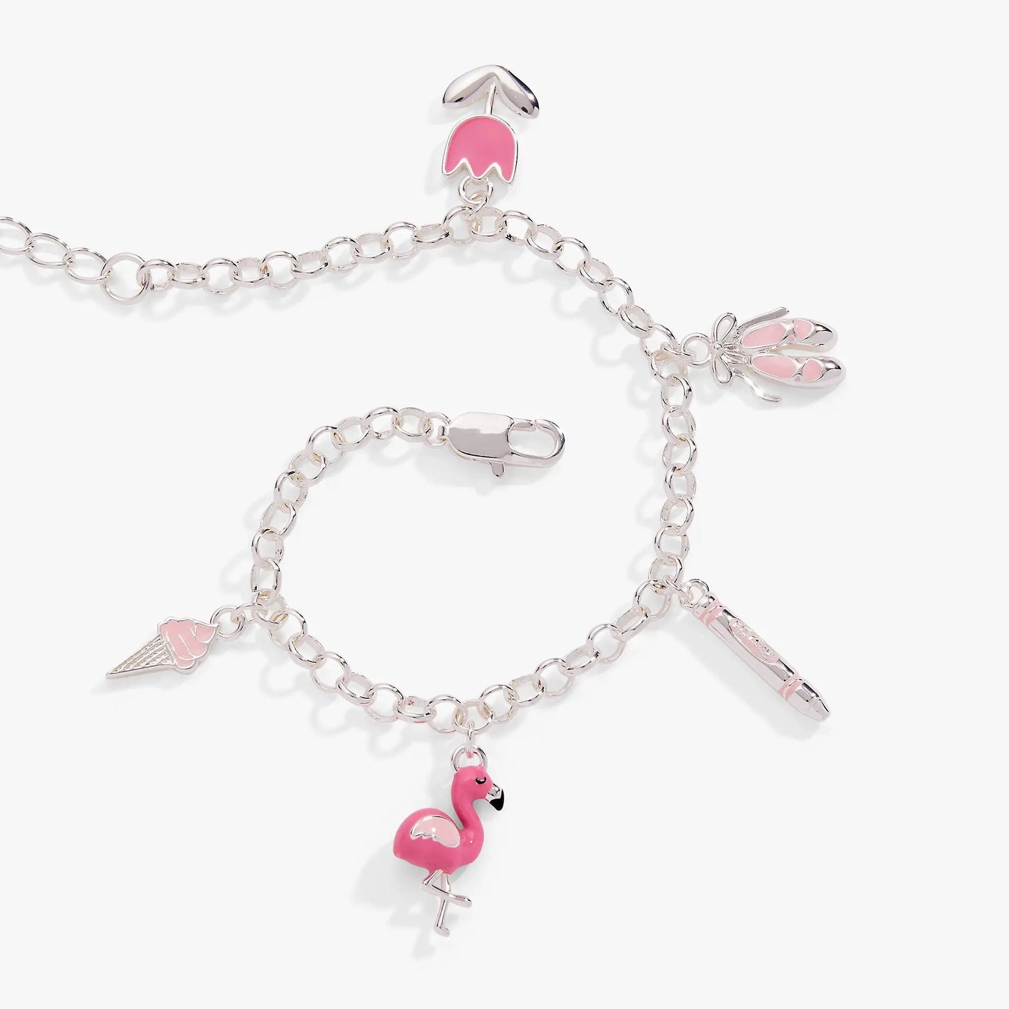Crayola Tickle Me Pink Charm Bracelet with flamingo and charms on silver chain on Tampa Home & Garden Store