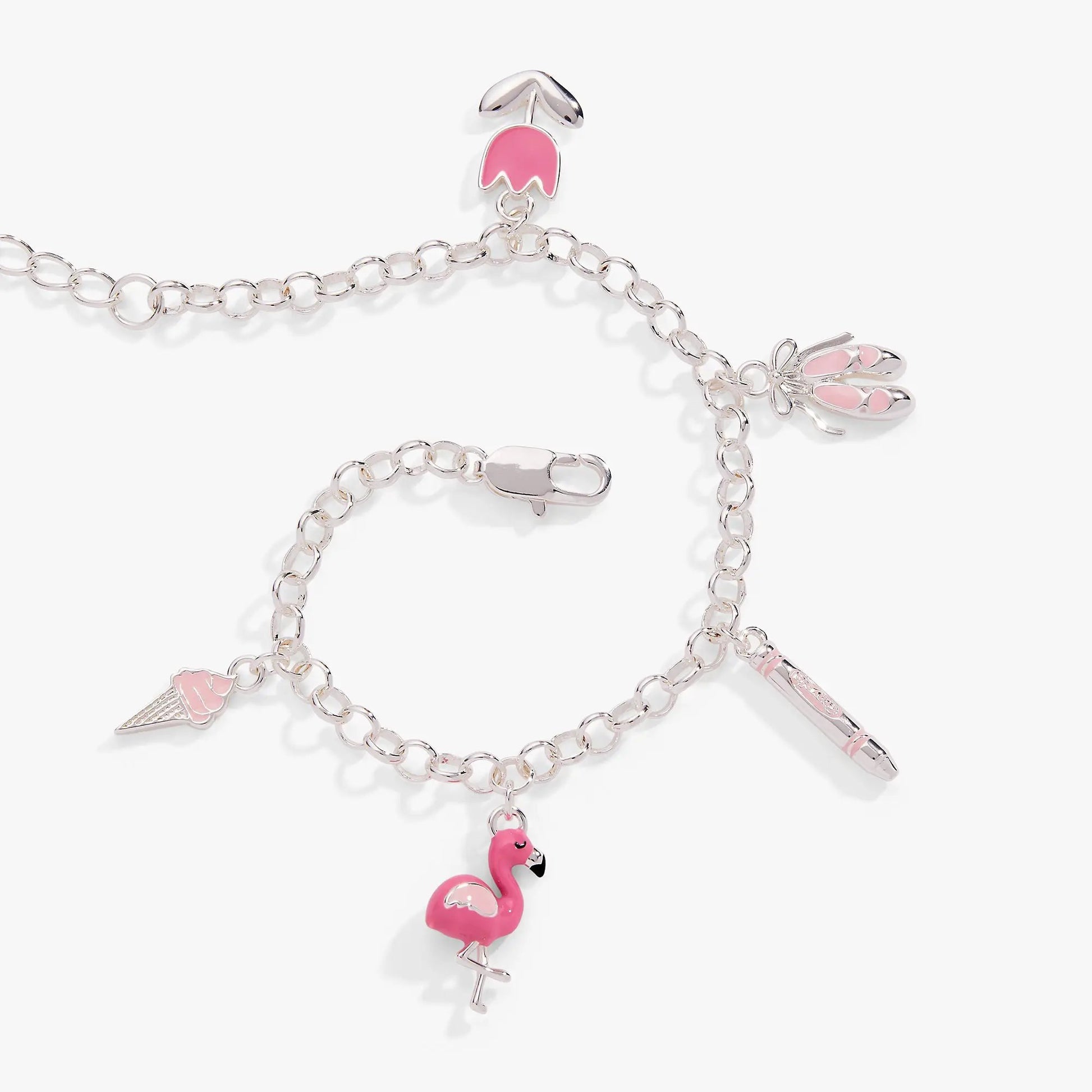Crayola Tickle Me Pink Charm Bracelet with flamingo and charms on silver chain on Tampa Home & Garden Store