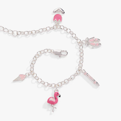 Crayola Tickle Me Pink Charm Bracelet with flamingo and charms on silver chain on Tampa Home & Garden Store