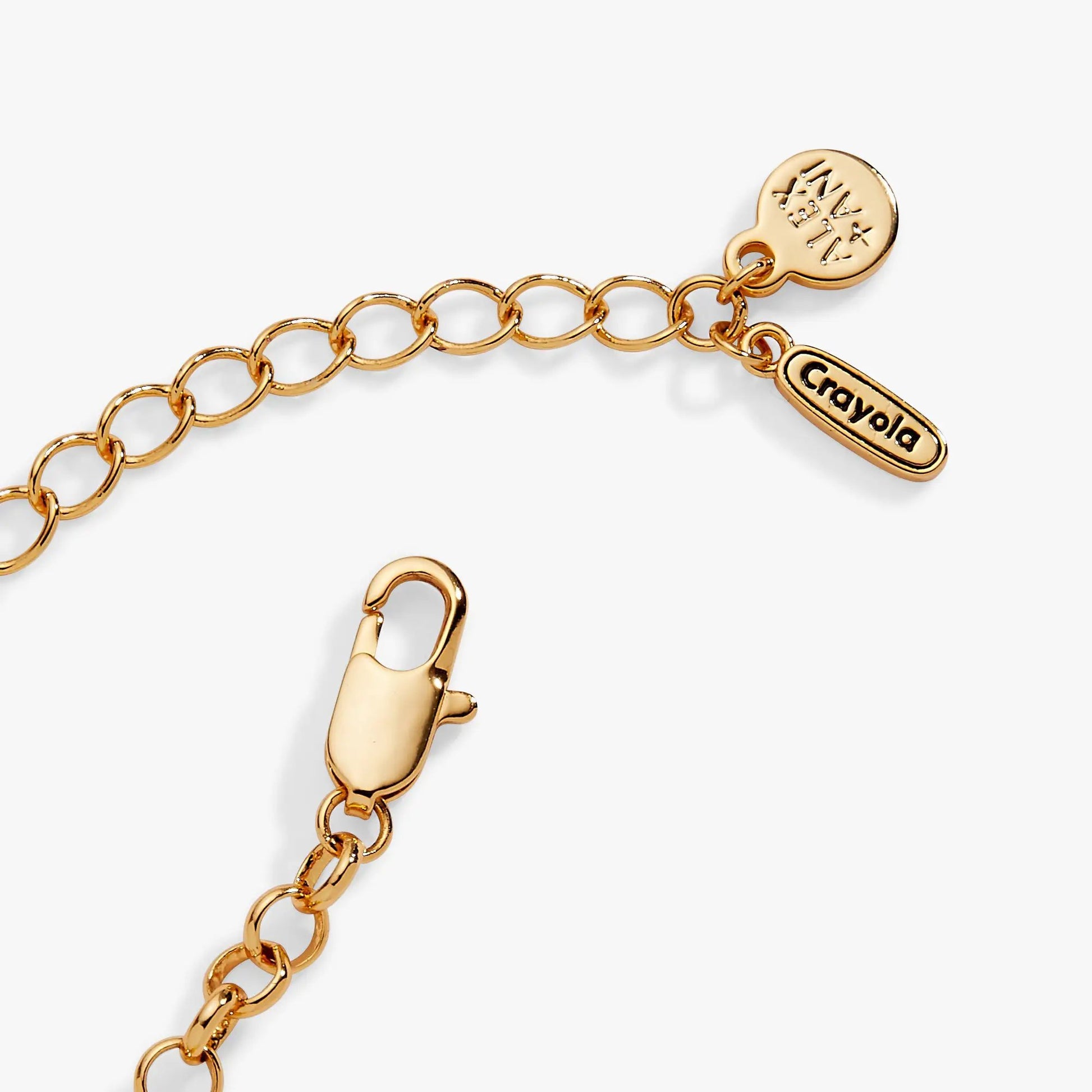 Crayola Tickle Me Pink Charm Bracelet by ALEX AND ANI, gold-tone chain with Crayola tag on Tampa Home & Garden Store