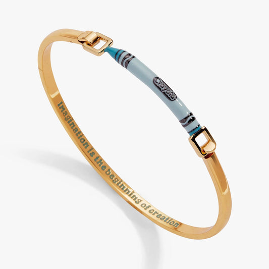 Crayola Robin's Egg Blue Crayon Tension Bangle bracelet by Alex and Ani with gold-tone band on Tampa Home & Garden Store