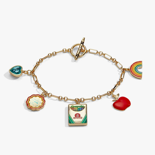 Bracelet with gold-tone chain and Crayola rainbow arc charm and teal gem heart on Tampa Home & Garden Store