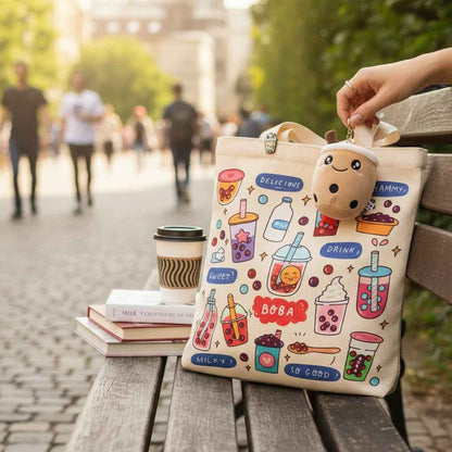 Cream Boba Tote Bag with a Keychain and Pin