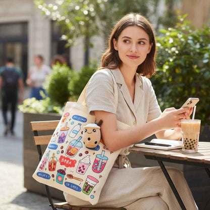 Cream Boba Tote Bag with a Keychain and Pin