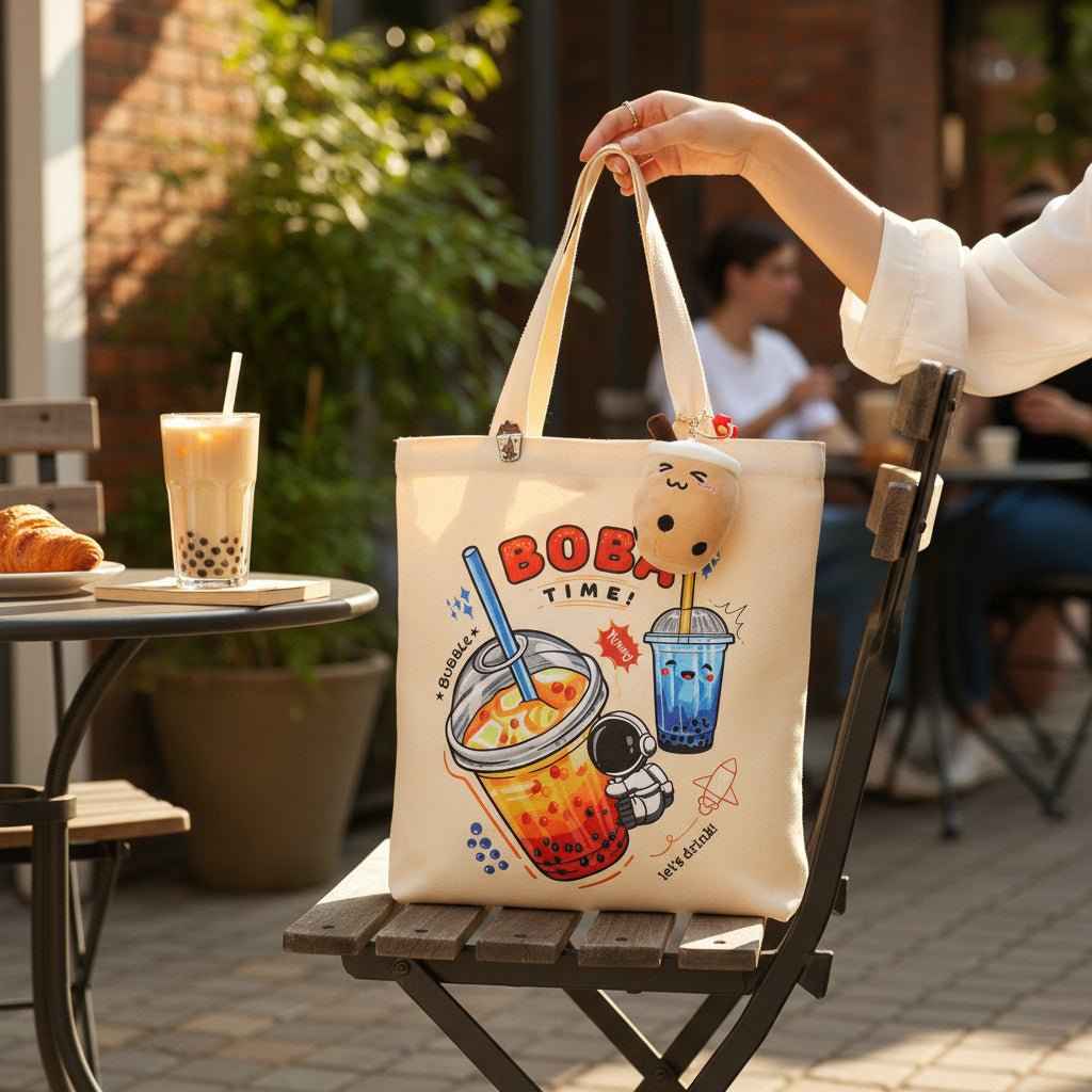 Cream Boba Tote Bag with a Keychain and Pin
