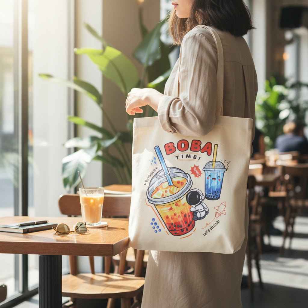 Cream Boba Tote Bag with a Keychain and Pin