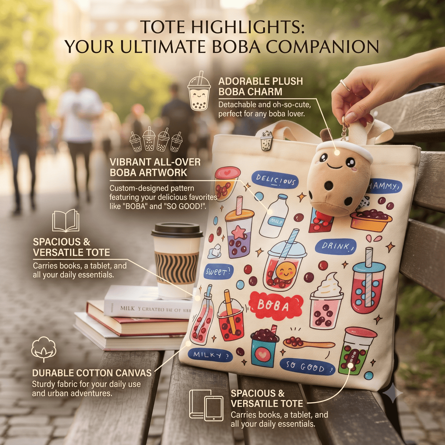 Cream Boba Tote Bag with a Keychain and Pin