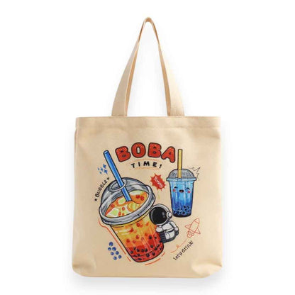 Cream Boba Tote Bag with a Keychain and Pin