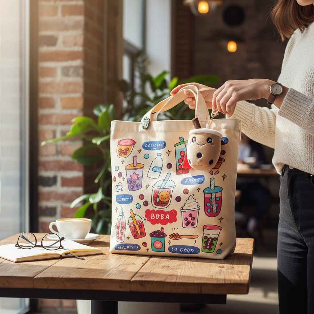 Cream Boba Tote Bag with a Keychain and Pin