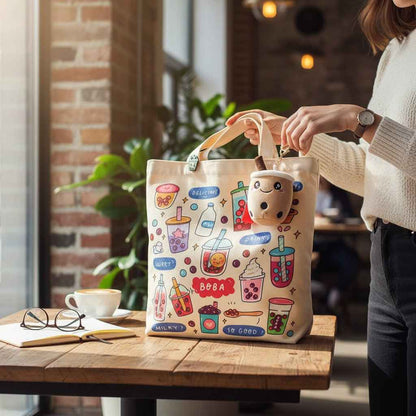 Cream Boba Tote Bag with a Keychain and Pin