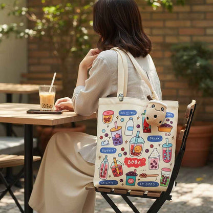 Cream Boba Tote Bag with a Keychain and Pin