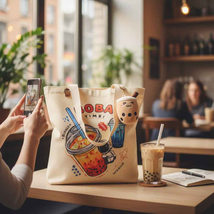 Cream Boba Tote Bag with a Keychain and Pin