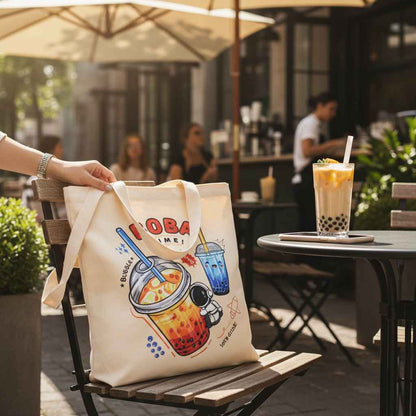 Cream Boba Tote Bag with a Keychain and Pin
