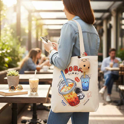Cream Boba Tote Bag with a Keychain and Pin