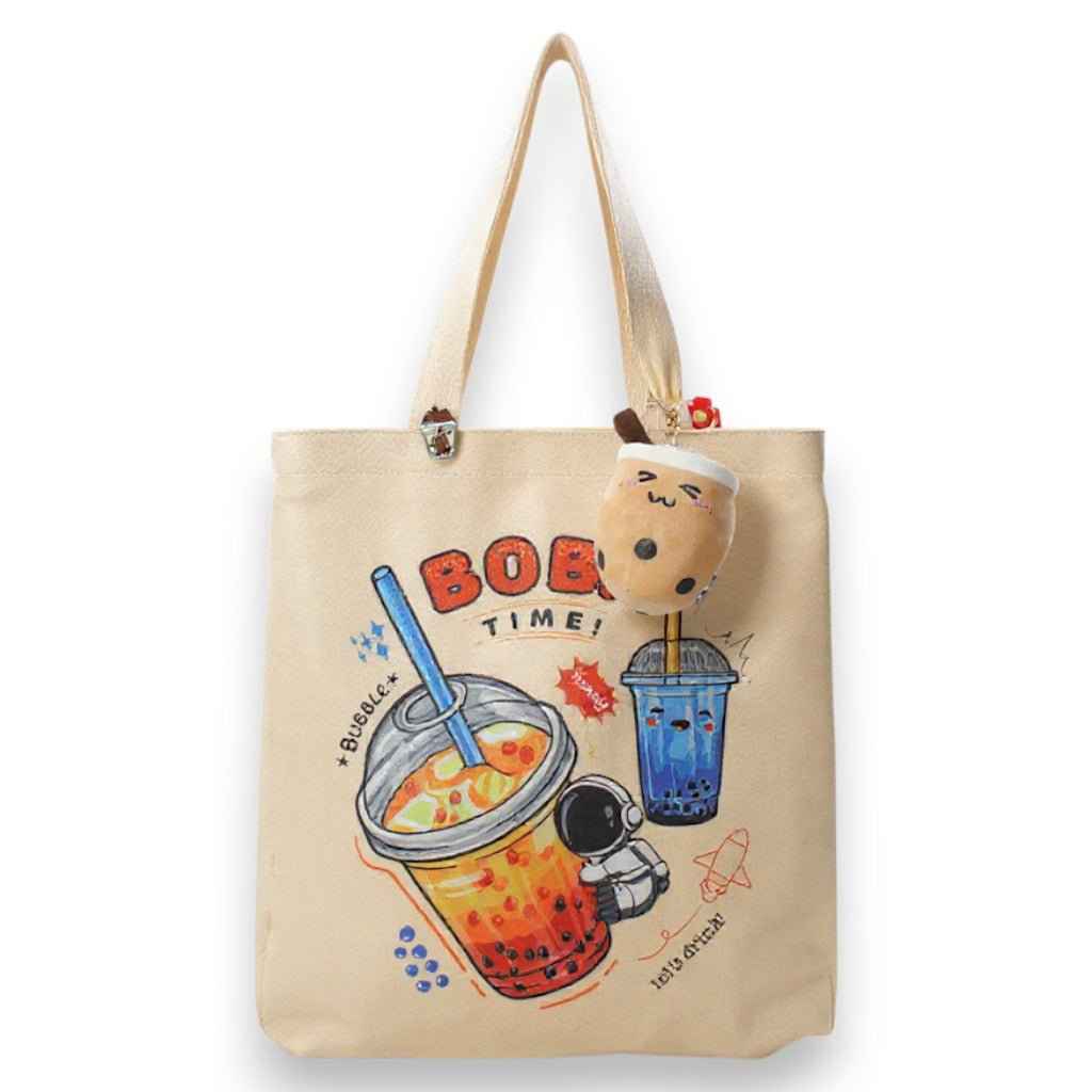 Cream Boba Tote Bag with a Keychain and Pin