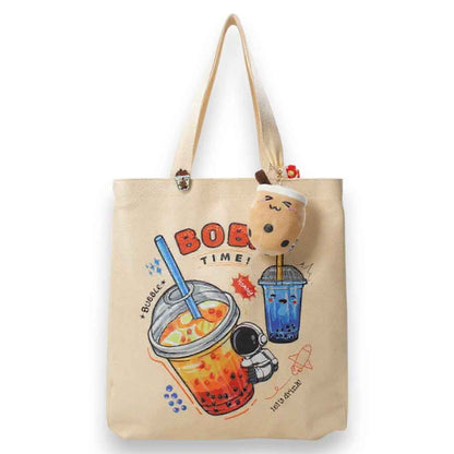 Cream Boba Tote Bag with a Keychain and Pin