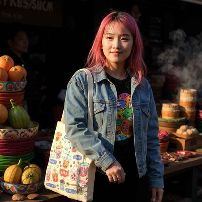 Cream Boba Tote Bag with a Keychain and Pin