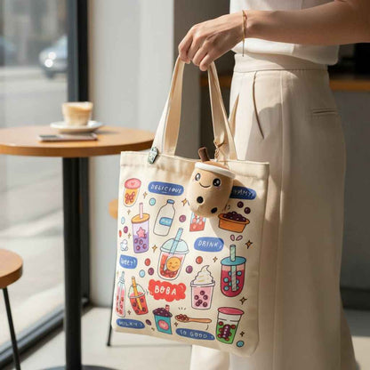 Cream Boba Tote Bag with a Keychain and Pin