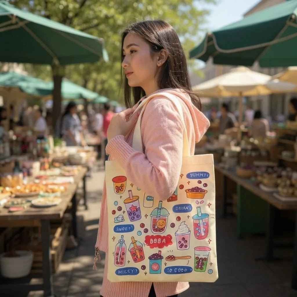 Cream Boba Tote Bag with a Keychain and Pin