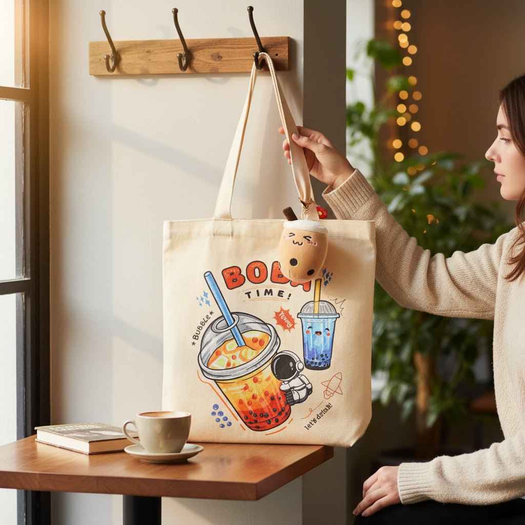 Cream Boba Tote Bag with a Keychain and Pin