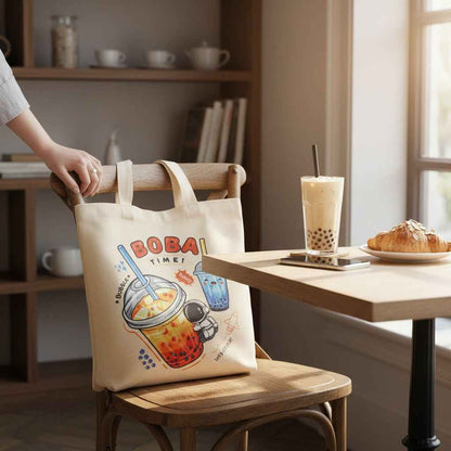 Cream Boba Tote Bag with a Keychain and Pin