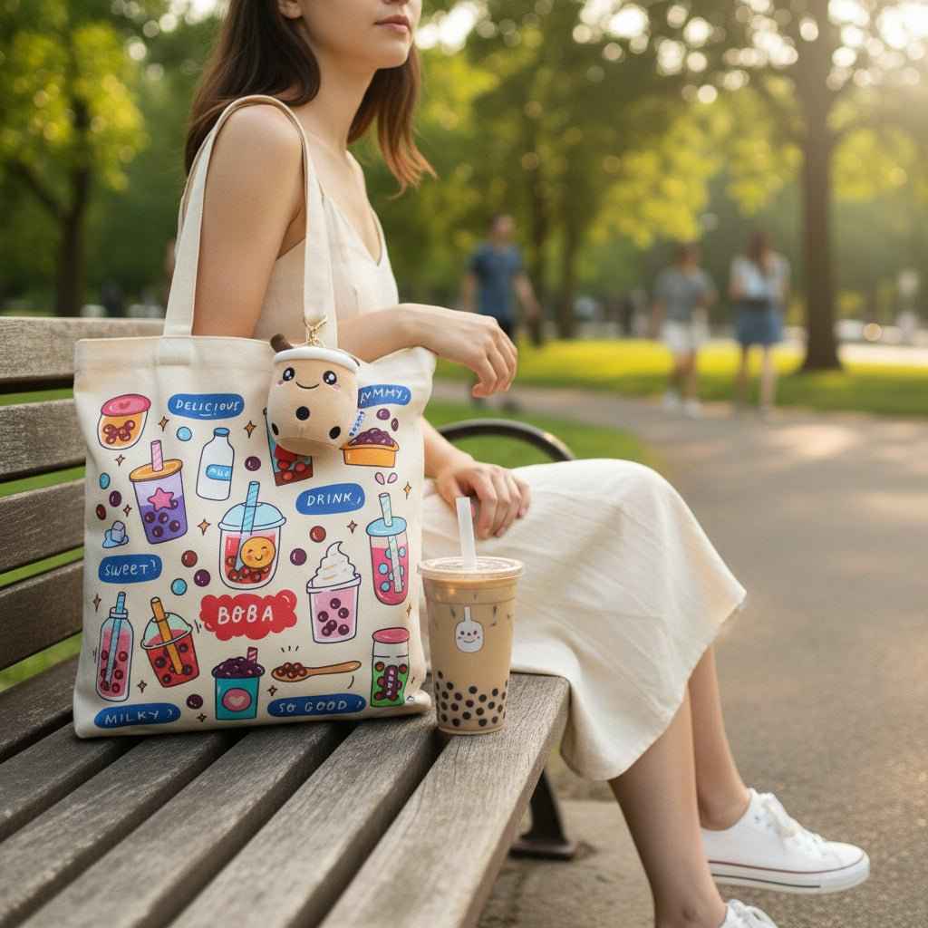 Cream Boba Tote Bag with a Keychain and Pin