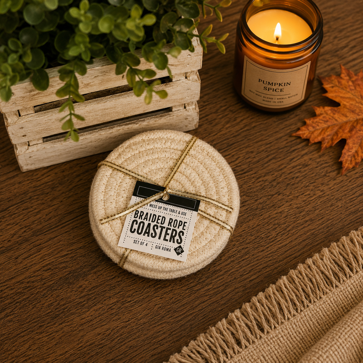 Fall Fabric Coasters round beige braided rope set of 4 Gia Roma on Tampa Home & Garden Store