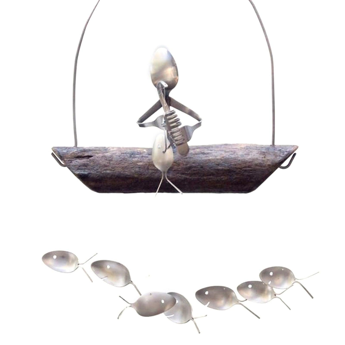 Wind chime sculpture with spoon fish figures on a rustic wood base Stevvex on Tampa Home & Garden Store