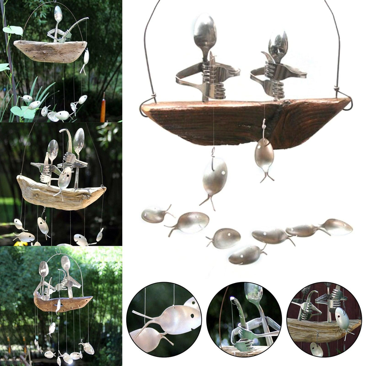Wind chime Stevvex Creative Fishing Man Spoon Fish with wood boat base and silver spoons on Tampa Home & Garden Store
