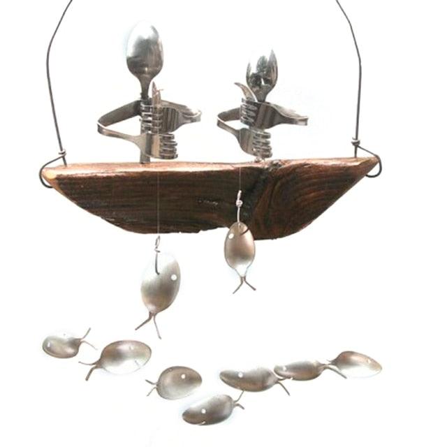 Creative Fishing Man Spoon Fish Wind Chime Stevvex wooden boat with spoon fish and charms on Tampa Home & Garden Store