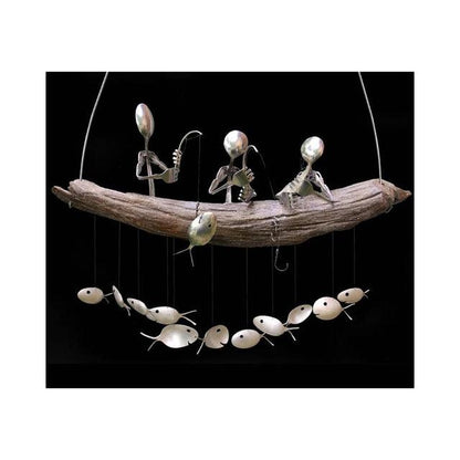Stevvex wind chime with fishing man spoon fish sculptures on driftwood and white fish beads on Tampa Home & Garden Store