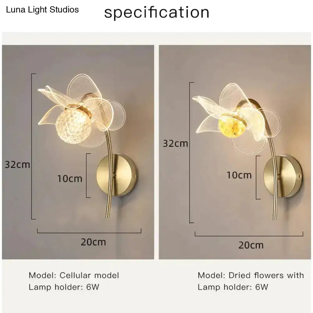 Gold Floral LED Wall Lamp for Bedroom Sconce