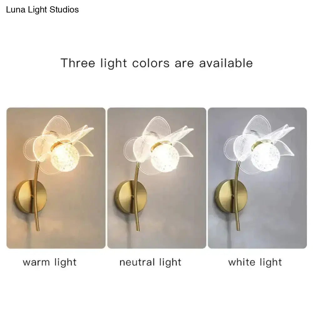 Gold Floral LED Wall Lamp for Bedroom Sconce