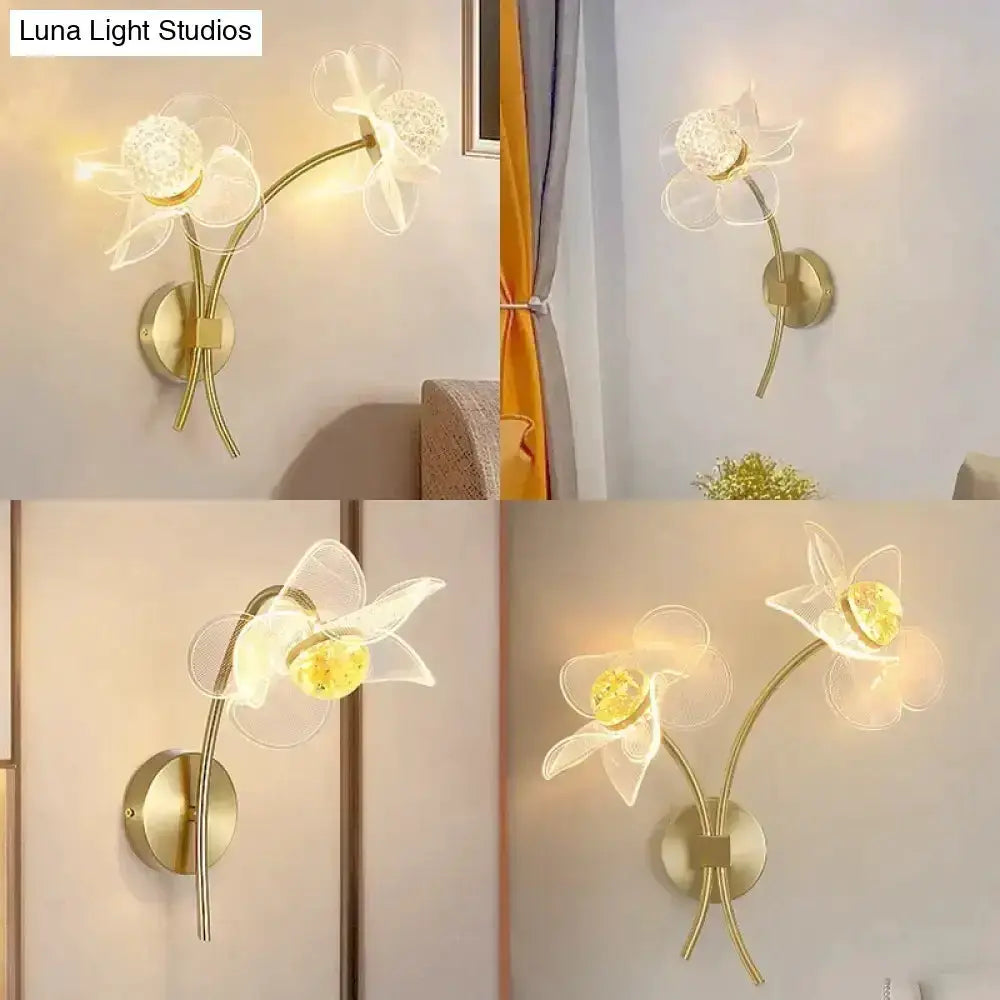 Gold Floral LED Wall Lamp for Bedroom Sconce