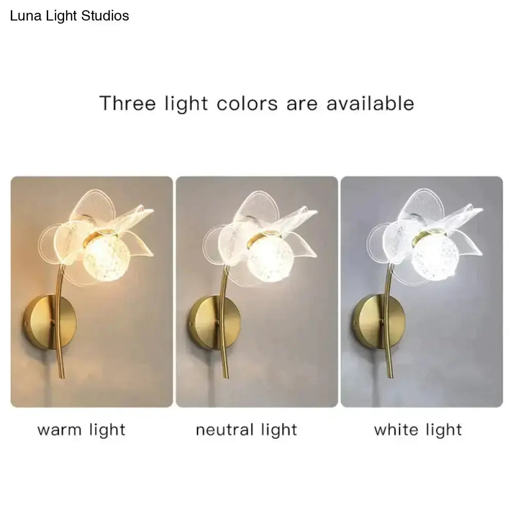 Gold Floral LED Wall Lamp for Bedroom Sconce