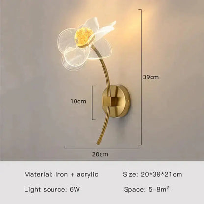 Gold Floral LED Wall Lamp for Bedroom Sconce