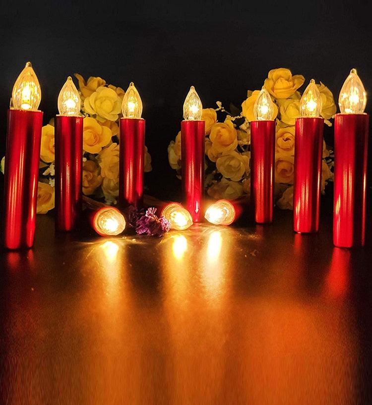 Stevvex red flameless LED candle lights in a row with warm flicker, battery-operated tea light set on Tampa Home & Garden Store