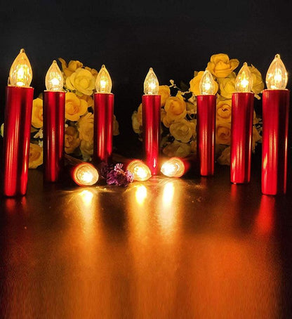Stevvex red flameless LED candle lights in a row with warm flicker, battery-operated tea light set on Tampa Home & Garden Store