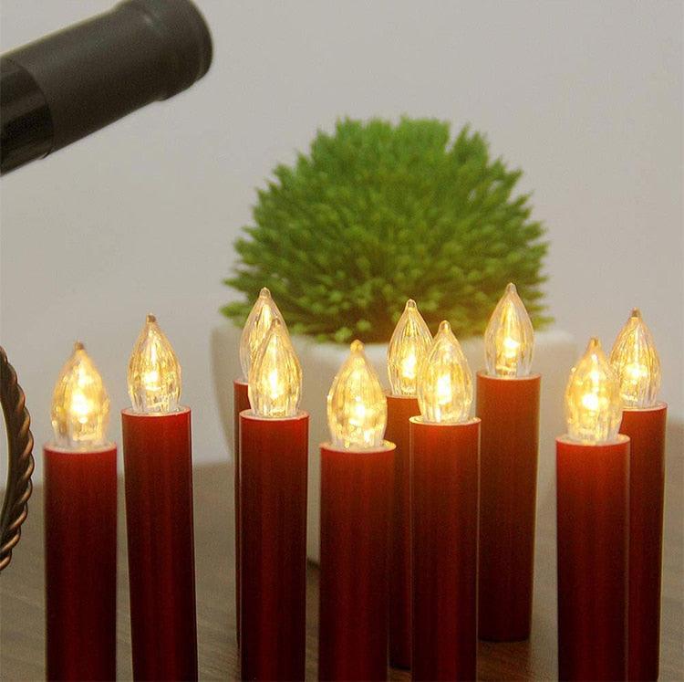 Flameless LED candle lights by Stevvex, brown wooden bases, warm flame tips, set of 10 on Tampa Home & Garden Store