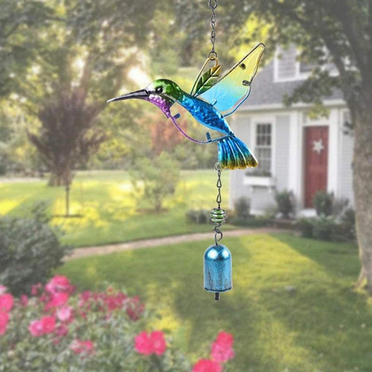 Stevvex hummingbird stained-glass wind chime with rainbow metal bird and blue bell for garden on Tampa Home & Garden Store